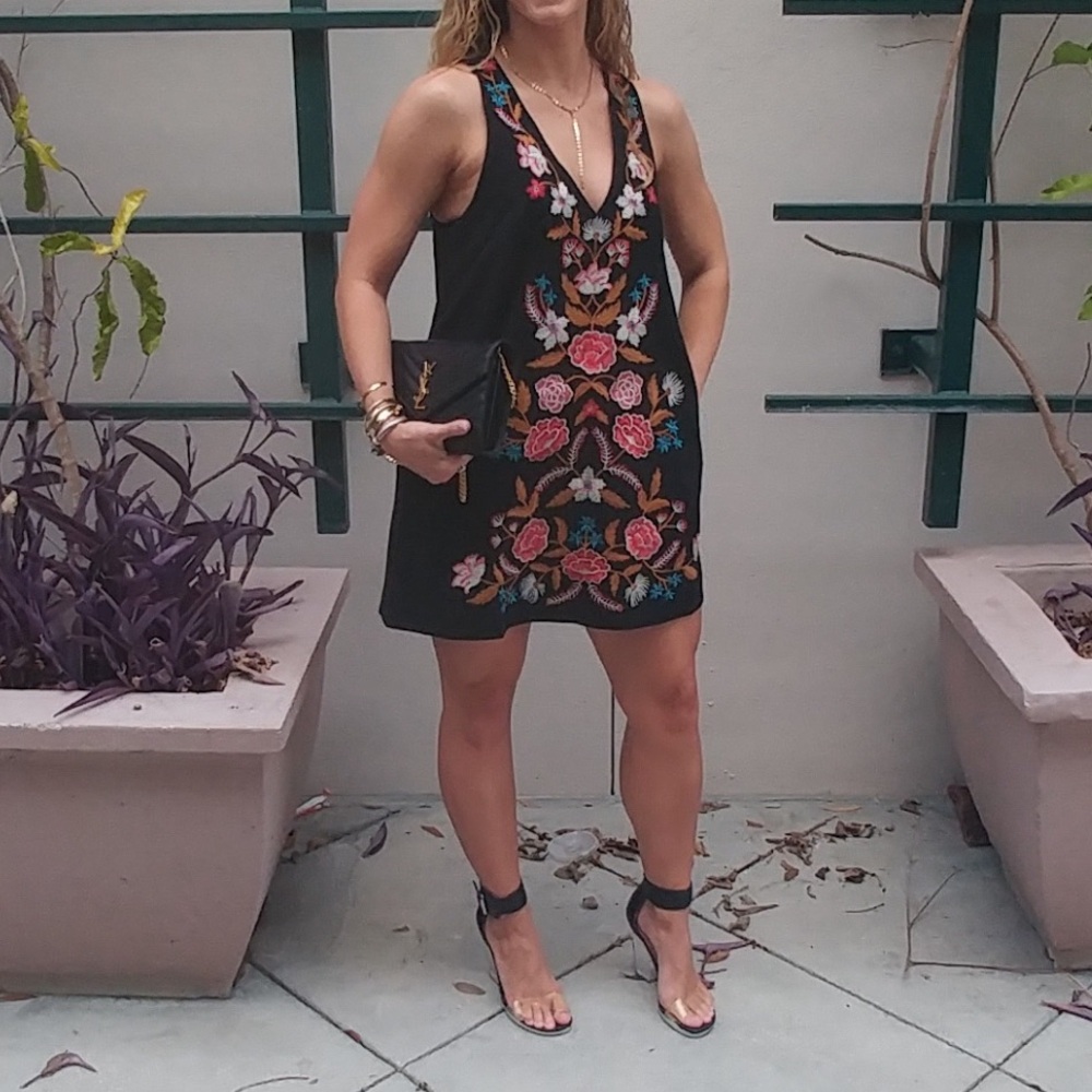 Boho Festival Floral Embroidered Mini Black Shift Dress Small Multi Colored